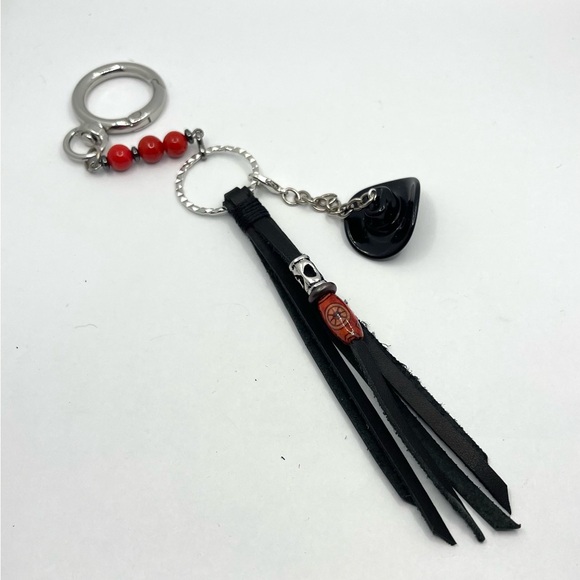 Leather tassel and red coral stones beadskeychain, bag charm. Handmade- New - Picture 2 of 3